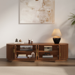 1600mm Solid Wood Fluted TV Stand Mid Century Modern Media Console with Storage in Walnut - thumbnail 4