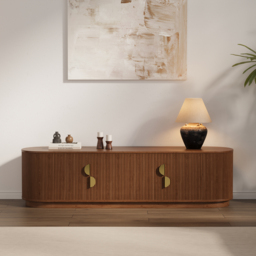 1600mm Solid Wood Fluted TV Stand Mid Century Modern Media Console with Storage in Walnut - thumbnail 2