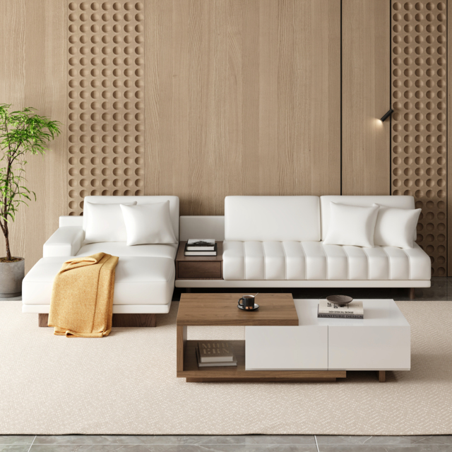 Modular Leather Sectional Sofa Set with Walnut Coffee Table - image 1