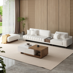 Modular Leather Sectional Sofa Set with Walnut Coffee Table - thumbnail 2