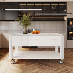 1525mm White Kitchen Island with Wheels Modern Kitchen Cabinet Drawers&Doors&Shelf - thumbnail 3