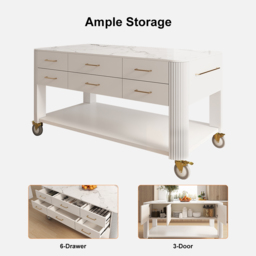 1525mm White Kitchen Island with Wheels Modern Kitchen Cabinet Drawers&Doors&Shelf - thumbnail 9