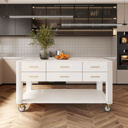 1525mm White Kitchen Island with Wheels Modern Kitchen Cabinet Drawers&Doors&Shelf - thumbnail 2