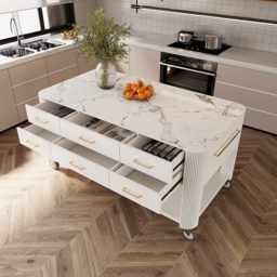 1525mm White Kitchen Island with Wheels Modern Kitchen Cabinet Drawers&Doors&Shelf - thumbnail 5