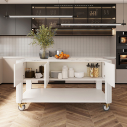 1525mm White Kitchen Island with Wheels Modern Kitchen Cabinet Drawers&Doors&Shelf - thumbnail 4