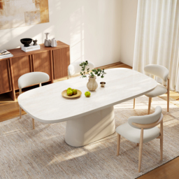 "Modern 79"" Oval Faux Travertine Sintered Stone Dining Table, Seats 6" - thumbnail 2