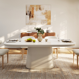 "Modern 79"" Oval Faux Travertine Sintered Stone Dining Table, Seats 6" - thumbnail 4