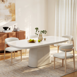 "Modern 79"" Oval Faux Travertine Sintered Stone Dining Table, Seats 6"