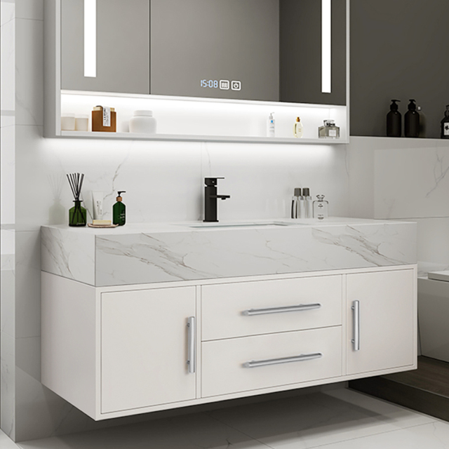 Modern 1000mm White Floating Bathroom Vanity Set with Silver Handle Stone Top Wall Mounted Bathroom Cabinet - image 1