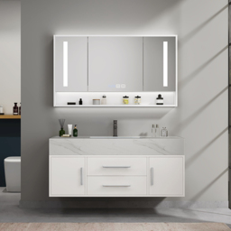 Modern 1000mm White Floating Bathroom Vanity Set with Silver Handle Stone Top Wall Mounted Bathroom Cabinet - thumbnail 2