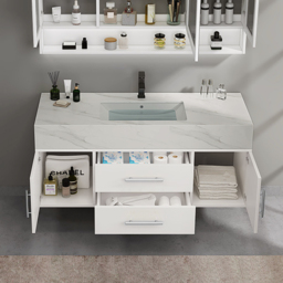 Modern 1000mm White Floating Bathroom Vanity Set with Silver Handle Stone Top Wall Mounted Bathroom Cabinet - thumbnail 4