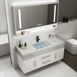 Modern 1000mm White Floating Bathroom Vanity Set with Silver Handle Stone Top Wall Mounted Bathroom Cabinet - thumbnail 3