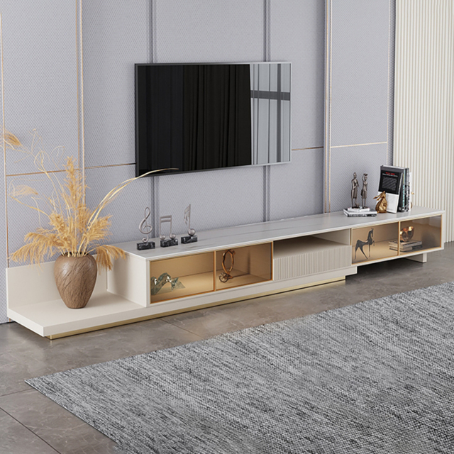 LED Light Extendable TV Stand Light Khaki Floor Media Console with Glass Door & Drawers - image 1