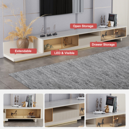 LED Light Extendable TV Stand Light Khaki Floor Media Console with Glass Door & Drawers - thumbnail 9