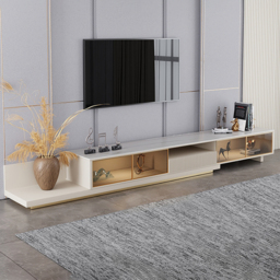 LED Light Extendable TV Stand Light Khaki Floor Media Console with Glass Door & Drawers - thumbnail 1