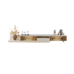 LED Light Extendable TV Stand Light Khaki Floor Media Console with Glass Door & Drawers - thumbnail 6