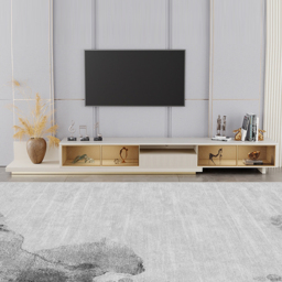 LED Light Extendable TV Stand Light Khaki Floor Media Console with Glass Door & Drawers - thumbnail 2