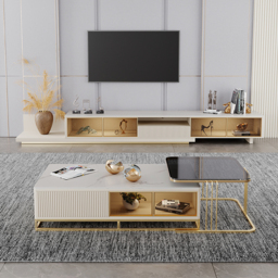LED Light Extendable TV Stand Light Khaki Floor Media Console with Glass Door & Drawers - thumbnail 3