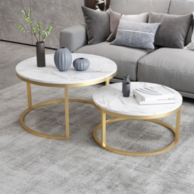 Modern Round Coffee Table Gold Metal & White Marble Accent Table with Set of 2