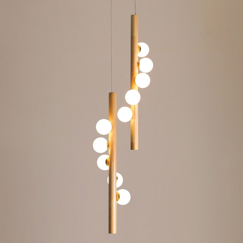 Linearc Modern Linear Pendant Light Vertical Wood Globe Spiral Light 5-Light