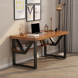 Wood Writing Desk for Office with Black Metal Shelf in Small