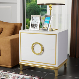 White Modern Bedroom Nightstand with 2 Drawers in Gold Legs