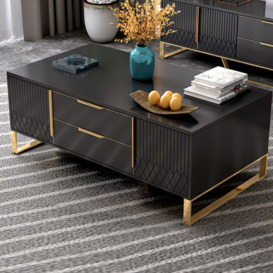 Aro Nordic Rectangular Black Coffee Table with Storage of Drawers & Doors in Gold