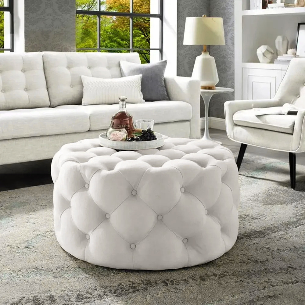 Tufted Ottoman Beige Velvet Ottoman Coffee Table Tufted Cocktail Round Pouf Small