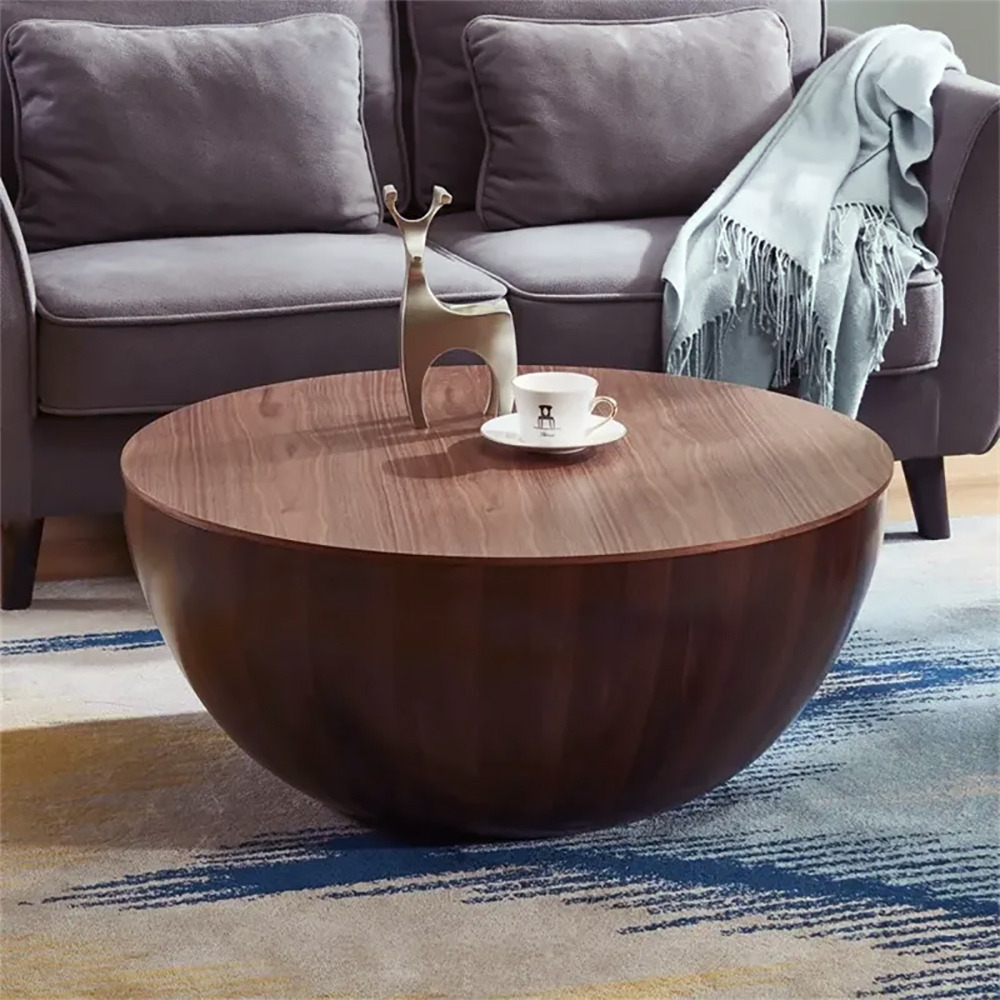 Round Drum Wood Japandi Coffee Table with Storage Walnut Bowl Shaped Coffee Table