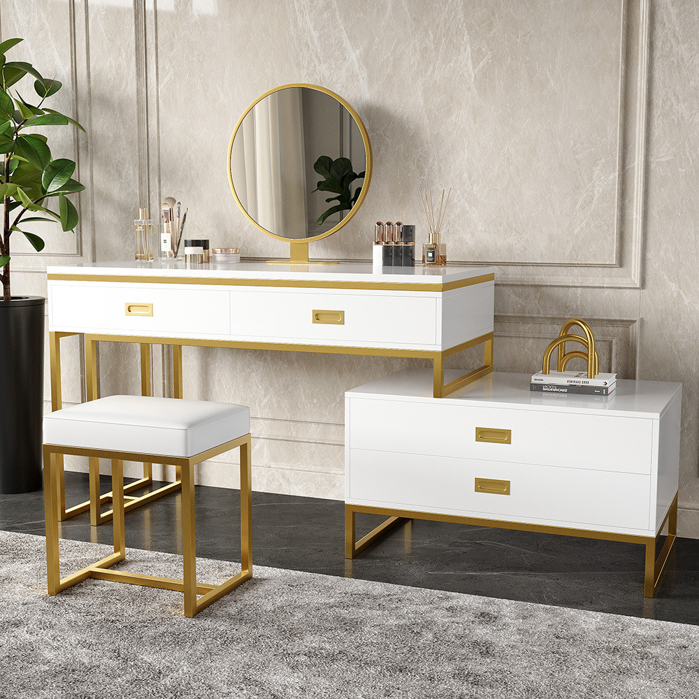 Modern White Makeup Vanity Expandable Dressing Table with Cabinet Mirror&Stool Included by Homary | uFurnish.com Modern White Makeup Vanity Expandable Dressing Table with Cabinet Mirror&Stool Included by Homary | uFurnish.com