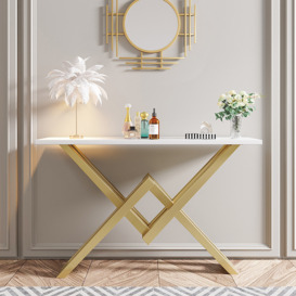 White & Gold Narrow Console Table Accent Table For Hallway X Base & Metal in Small
