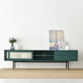 Ratta Modern Green TV Stand for 70 inch TV with 2 Drawers & 2 Doors & Rattan Decorated
