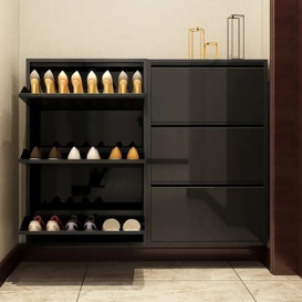 ARO Black Shoe Cabinet Narrow Rectangular Entryway Storage Cabinet 12 Shelves