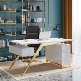 Hungled 1400mm Ultra Modern White and Gold Computer Writing Desk with Storage & Drawer