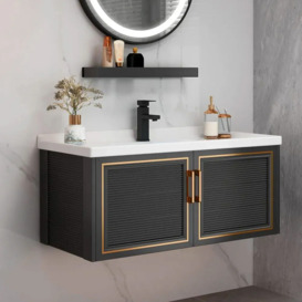 710mm Black Floating Bathroom Vanity Set Drop-In Ceramic Basin with Cabinet