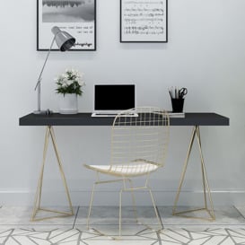 1000mm Black Rectangular Wood-Top Writing Desk for Home Office 2 Gold Pedestal in White