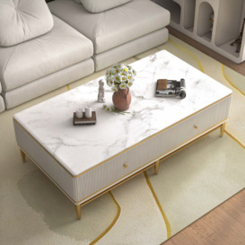 Bline 1300mm White Faux Marble Rectangle Coffee Table in Gold with Storage 4 Drawers