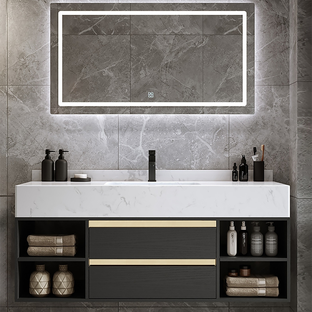 1000mm Floating Bathroom Vanity Set with Ceramic Basin 2 Drawers & Open Shelves in Black