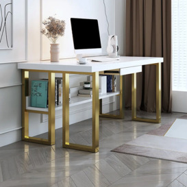 1400mm Modern White & Gold Rectangular Computer Desk with Drawer & Storage Shelf