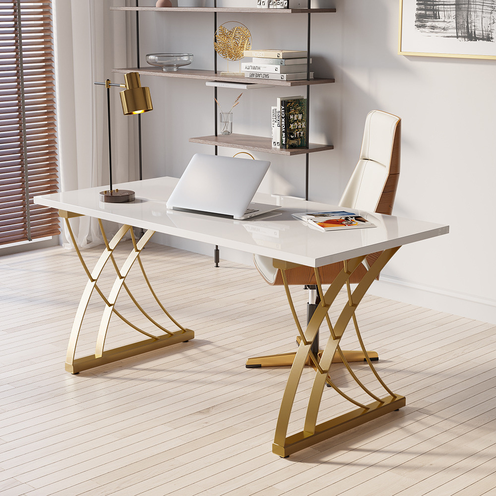 1200mm Modern White Rectangular Home Office Desk with Pine Wood Table Top & Gold Frame