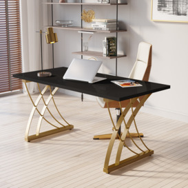 1400mm Modern Black Rectangular Home Office Desk with Pine Wood Table Top & Gold Frame