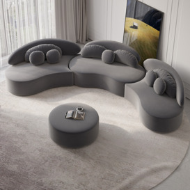 Velvet Sectional Sofa Set with Ottoman Modern 7-Seat Curved Floor Sofa in Deep Grey