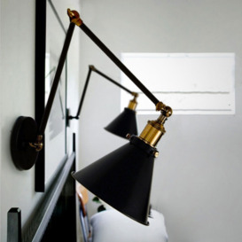 Industrial Retro Double Swing Arm 1-Light Wall Sconce in Black & Brass