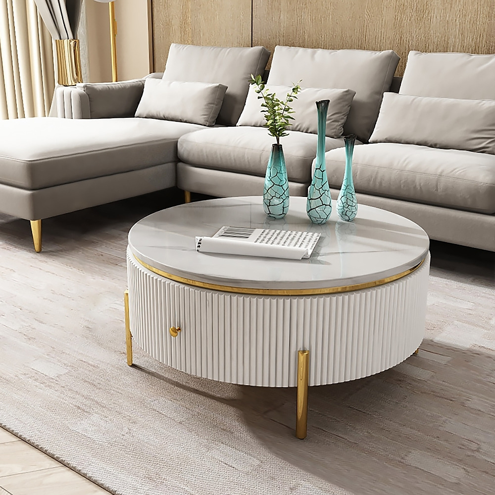 Yelly Modern Round Coffee Table with Storage Sintered Stone Accent Table Stainless Steel in Gold