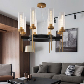 Shay Modern 8-Light Clear Ribbed Glass Cylinder Chandelier Metal in Gold & Black