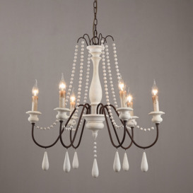 French Country Candle-Style Wood Bead Swag 1-Tier Wooden Chandelier 6-Light in White
