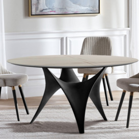 Mid-Century Modern 1200mm Round White Faux Marble Dining Table Black Base