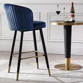 Blue Bar Height Bar Stool Tufted Upholstered Velvet Bar Stool Footrest