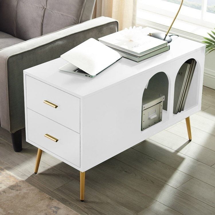 Narre White End Table with Storage Living Room Side Table 2 Drawer & Open Storage