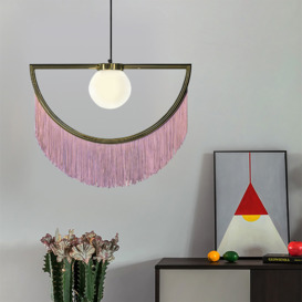 Cressel Stylish Dreamy Pink Tassel Half-Moon Gold Pendant Lamp with Globe Shade